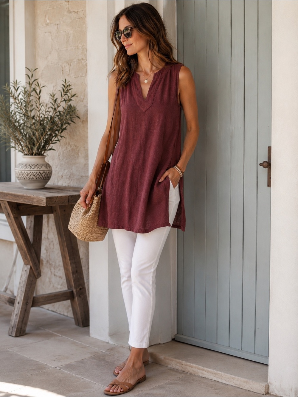 Tahari 100% Linen Maroon Sleeveless V-Neck Tunic Top Small